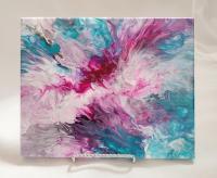 Cosmic Sunrise. Acrylic fluid art pour painting. pink, purple, shops yellow, cranberry, blue, and white.